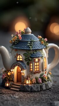 Una tetera transformada en un acogedor hogar de cuento de hadas, iluminado por luces c&aacute;lidas y rodeado de flores silvestres.