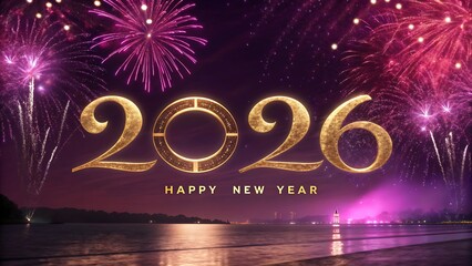 Spectacular golden number 2026 illuminated against a dark night sky with vibrant pink and purple fireworks exploding over a calm water body at midnight celebration