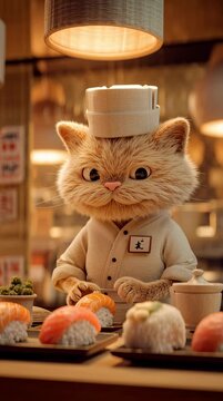 Un gato chef prepara sushi con precisi&oacute;n y elegancia.