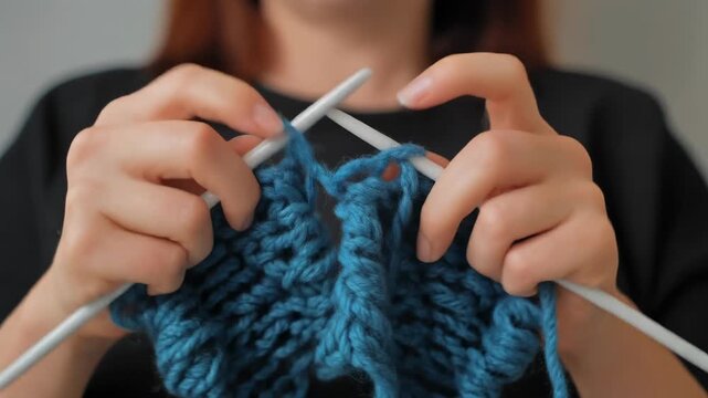 Close-up of a person's hands knitting with blue yarn and white needles, creating a ribbed pattern.