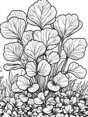 A detailed line art illustration of lush green foliage, featuring heart-shaped leaves and intricate flowers, creating a serene and calming botanical scene.