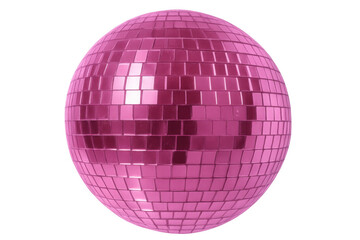Pink disco ball creating a festive party atmosphere, shiny mirror tiles reflecting light on a transparent background