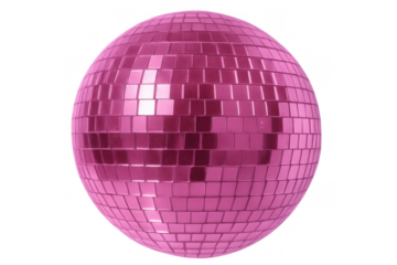 Pink disco ball creating a festive party atmosphere, shiny mirror tiles reflecting light on a transparent background