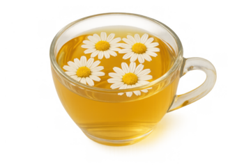 Chamomile flower tea floating in a warm glass cup, representing natural herbal remedies, health, and comfort. Transparent background