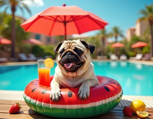 Cute pug dog floats on watermelon ring in swimming pool with orange juice and umbrella. Canine pet enjoys summer vacation at resort, relaxing by blue water on sunny day.