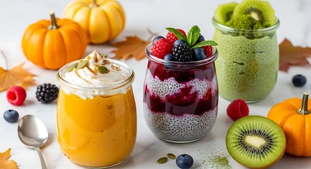 Autumn harvest smoothies and desserts with pumpkins and berries