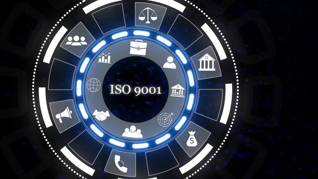 presenting iso 9001 standard certification concept with futuristic graphic user interface. business technology virtual screen background. Motion graphics of ISO 9001 concept.