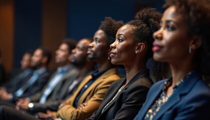 Diverse professionals attend business conference. Black men and women listen attentively indoors. Group watches presentation, eager for knowledge. Teamwork and networking build community.