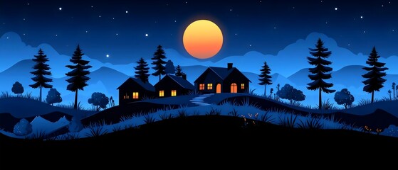A serene night scene showcasing a tranquil landscape with silhouetted houses and pine trees under a glowing orange moon, creating a calming atmosphere.