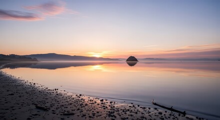 Tranquil ocean waters reflect soft pastel colors during an early morning sunrise over a distant, solitary island.