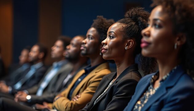 Diverse professionals attend business conference. Black men and women listen attentively indoors. Group watches presentation, eager for knowledge. Teamwork and networking build community.