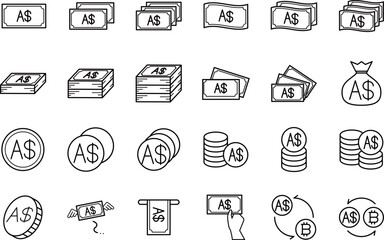 オーストラリアドル通貨のお金の黒の線画アイコンセット