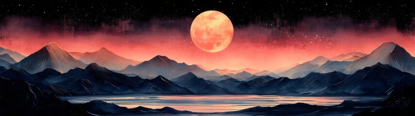 A breathtaking illustration of a dramatic mountain landscape under a full moon, with vibrant colors blending from deep red to dark blue, creating a serene and mystical atmosphere.