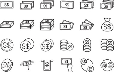 シンガポールドル通貨のお金の黒の線画アイコンセット