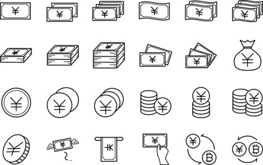 日本円通貨のお金の黒の線画アイコンセット