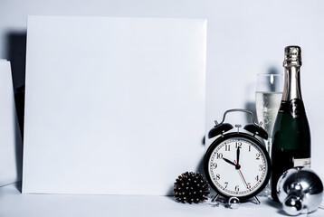 Blank white canvas with a champagne bottle, glass, and alarm clock set to midnight, ready for a New Year's Eve celebration.