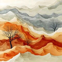 An abstract illustration featuring stylized mountains in warm hues of orange, beige, and gray, with bare trees adding a touch of contrast to the serene landscape.