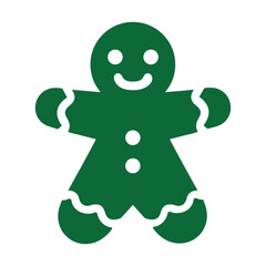 A simple, flat graphic icon of a smiling green gingerbread man on a white background.