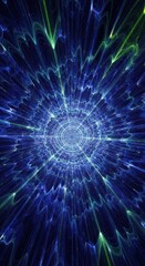 Fototapeta premium Abstract energy tunnel pulses with blue and green light toward a distant center