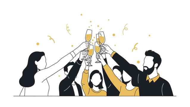 Dynamic team celebrating success with champagne cheers, showcasing modern business achievement and joyful collaboration in a minimalistic style