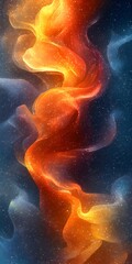 A vibrant abstract design featuring flowing waves of orange and gold against a deep blue background, evoking a sense of cosmic energy and fluidity.