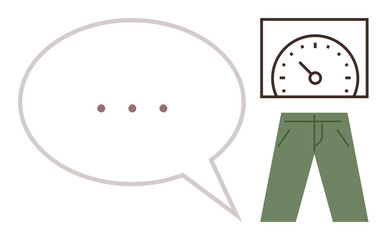 Speech bubble with dots, speedometer indicating measurement, and green pants symbolizing clothing. Ideal for communication, progress, performance, feedback, apparel evaluation and dynamics. Simple