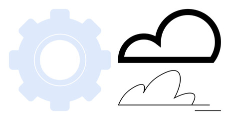 Technology, innovation, cloud computing, data storage, engineering, future tech. A gear and cloud outlines. Technology and innovation reflected in gear and cloud symbols