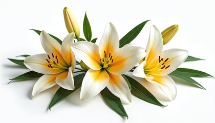 Naklejka premium Three white lilies with yellow centers and green leaves arranged on white background. Buds also visible in composition. Elegant flower bouquet with delicate petals.