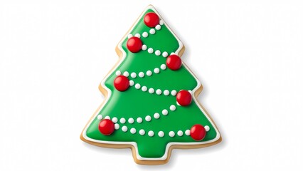 A christmas tree cookie decorated with green icing, red ornaments and white icing garlands on white background