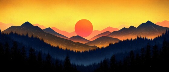 A stunning sunset paints the sky golden over a mountainous landscape, with silhouette trees framing the scene, evoking a sense of tranquility and nature's beauty.