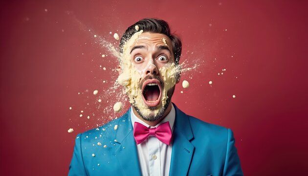 Man in blue suit, pink bow tie gets cream pie splattered on face. Mouth open, eyes wide in shock. Messy food splashes on hair, beard. Guy shows funny surprise after messy accident prank, candid