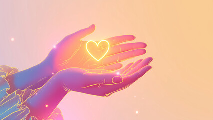 光るネオンのハートを優しく包み込む両手のイラスト