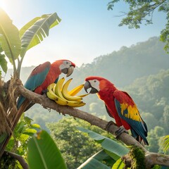 A pair of parrots sitting on branches with ripe bananas and a clear scenic background