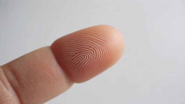 Close-up view of a human finger showing the intricate details of a unique fingerprint pattern.