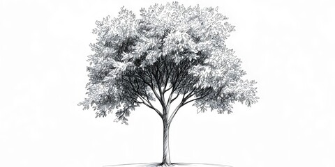A detailed black and white sketch of a leafy tree, showcasing intricate foliage and a strong trunk, symbolizing nature and resilience with a clean, minimalistic background.