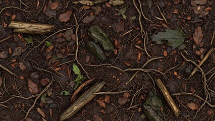 Detailed Ground Texture with Twigs, Leaves, and Rich Soil.