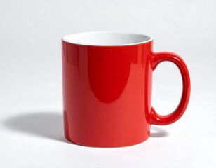 A vibrant, glossy red mug, white interior, casting a shadow