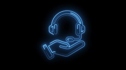 Glowing hand holding headset icon on black background customer service concept