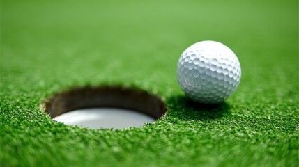 Close-up golf ball near the hole on a bright green putting surface highlighting precision, accuracy, focus, sport, competition, target, balance, the decisive moment of a clean minimal golf putt scene