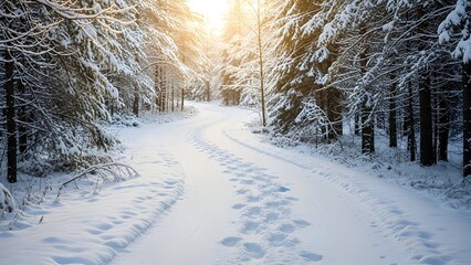 A snow-covered path winds through a sunlit, frosted forest, with tracks in the snow
