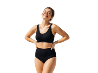 Confident happy woman in black underwear smiling, feeling good, body positive
