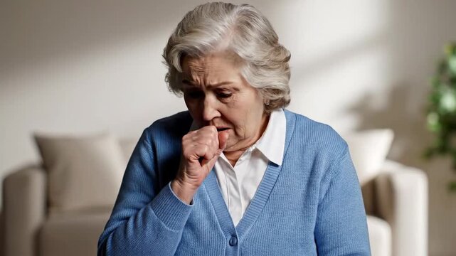 Concerned Senior Woman Experiencing Chest Discomfort and Respiratory Issues in a Home Setting