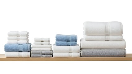 Piles of folded bath towels, in various sizes and colors, arranged on a wooden shelf