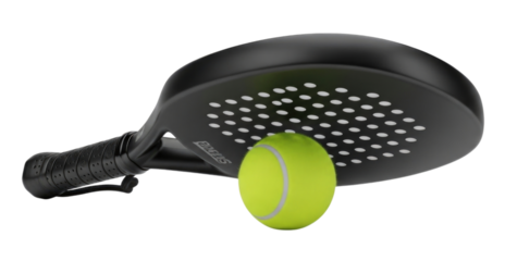 Black padel racket with yellow ball transparent background cutout png