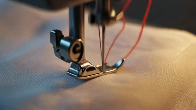 Close-up view of a sewing machine needle with red thread stitching light fabric.