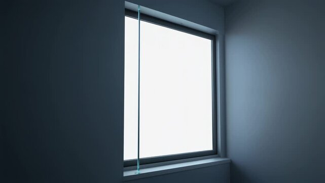 A minimalist room with a large, bright window set into a dark grey wall, creating a stark contrast and modern aesthetic.