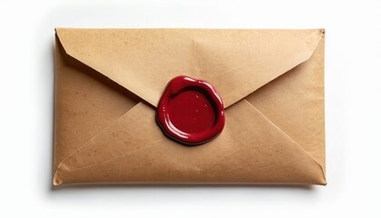 Brown paper envelope with red wax seal. Classic traditional stationery for important or secret message. Retro mail document symbolizes elegance, authenticity, and old fashion communication style.