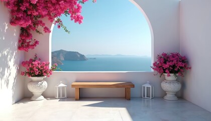 Fototapeta premium White terrace offers open sea view through archway. Pink bougainvillea flowers decorate walls, decorative pots. Minimalist wooden bench sits on balcony with white lanterns. Bright day on sunny