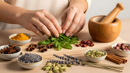 Preparing Herbal Remedies: Woman Arranging Spices and Herbs on Wooden Board