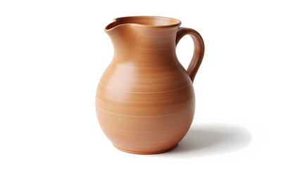 A simple terracotta pitcher with a handle and spout sitting on a white surface in a studio setting